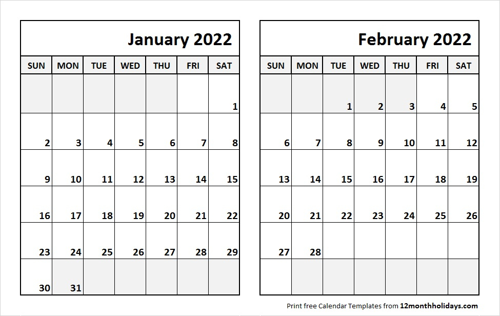 Print January February 2022 Calendar Template | 2 Month