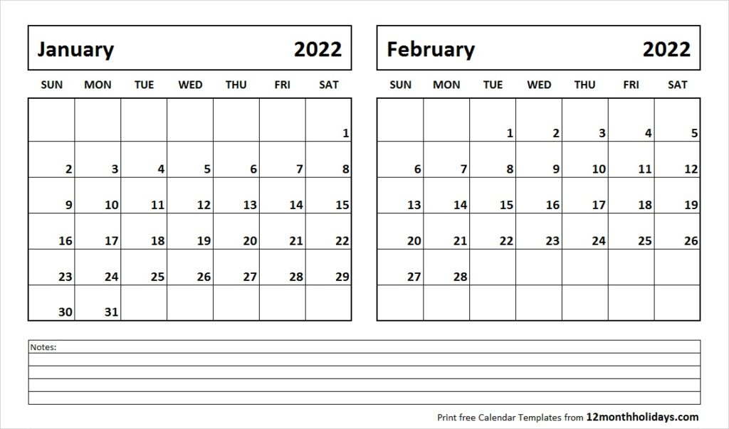 Print January February 2022 Calendar Template | 2 Month