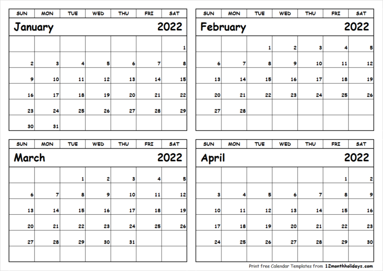 Print January To April 2022 Calendar Template | 4 Month