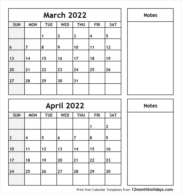 Print March April 2022 Calendar Template | 2 Month Calendar