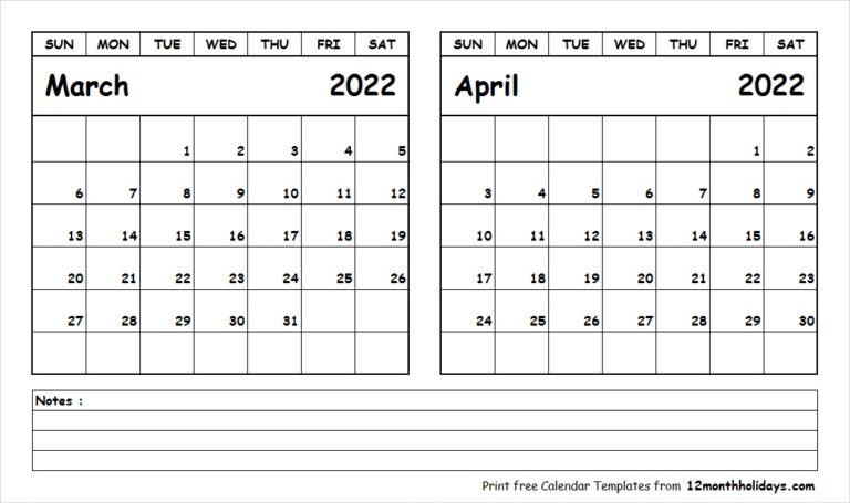 Print March April 2022 Calendar Template | 2 Month Calendar