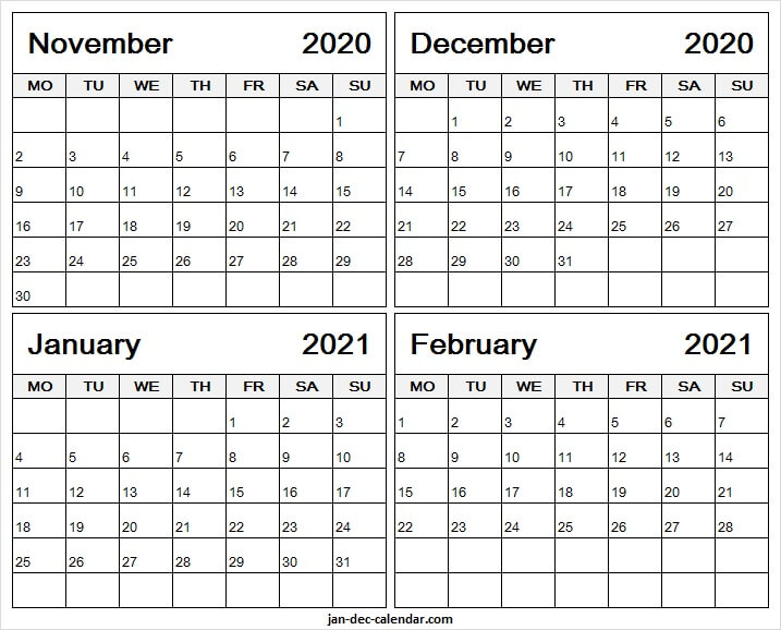 Print November 2020 To February 2021 Calendar - Month Of