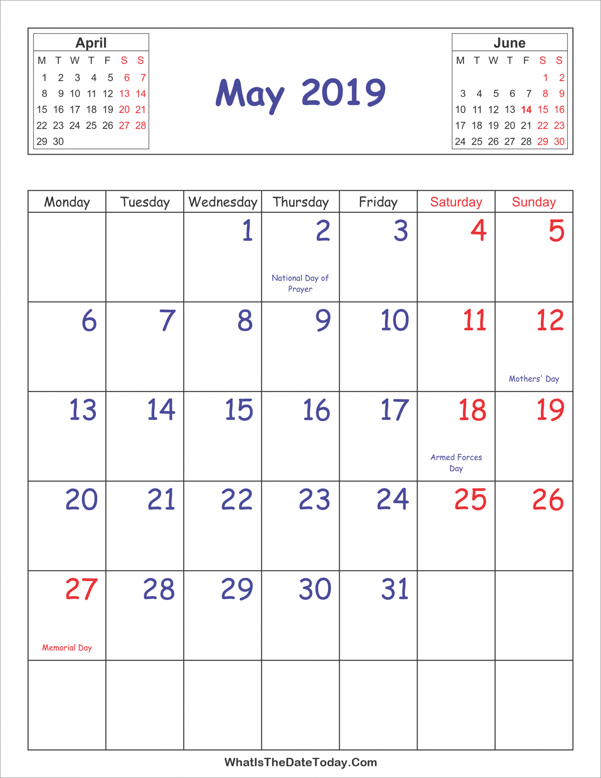Printable 2019 Calendar May (Vertical Layout