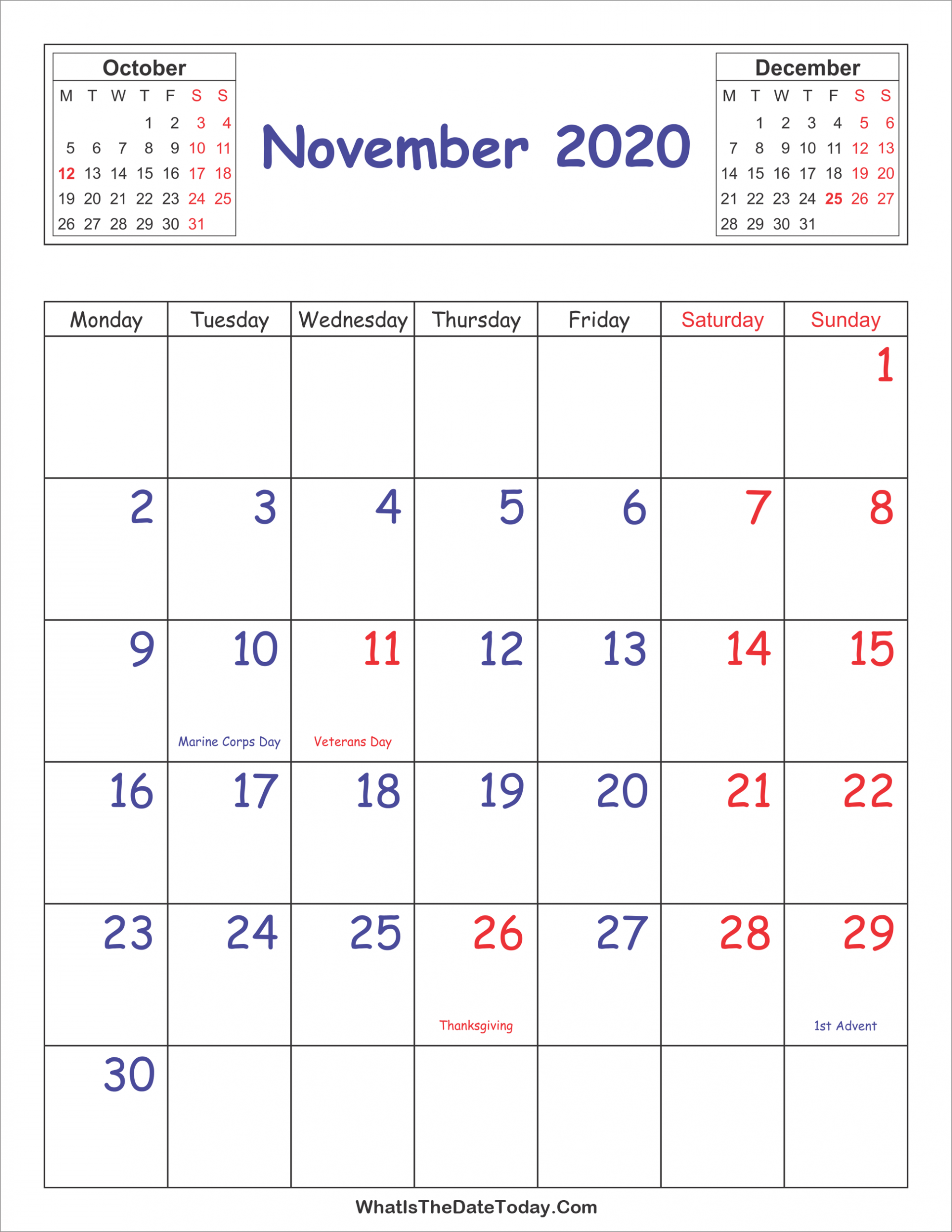 Printable 2020 Calendar November (Vertical Layout