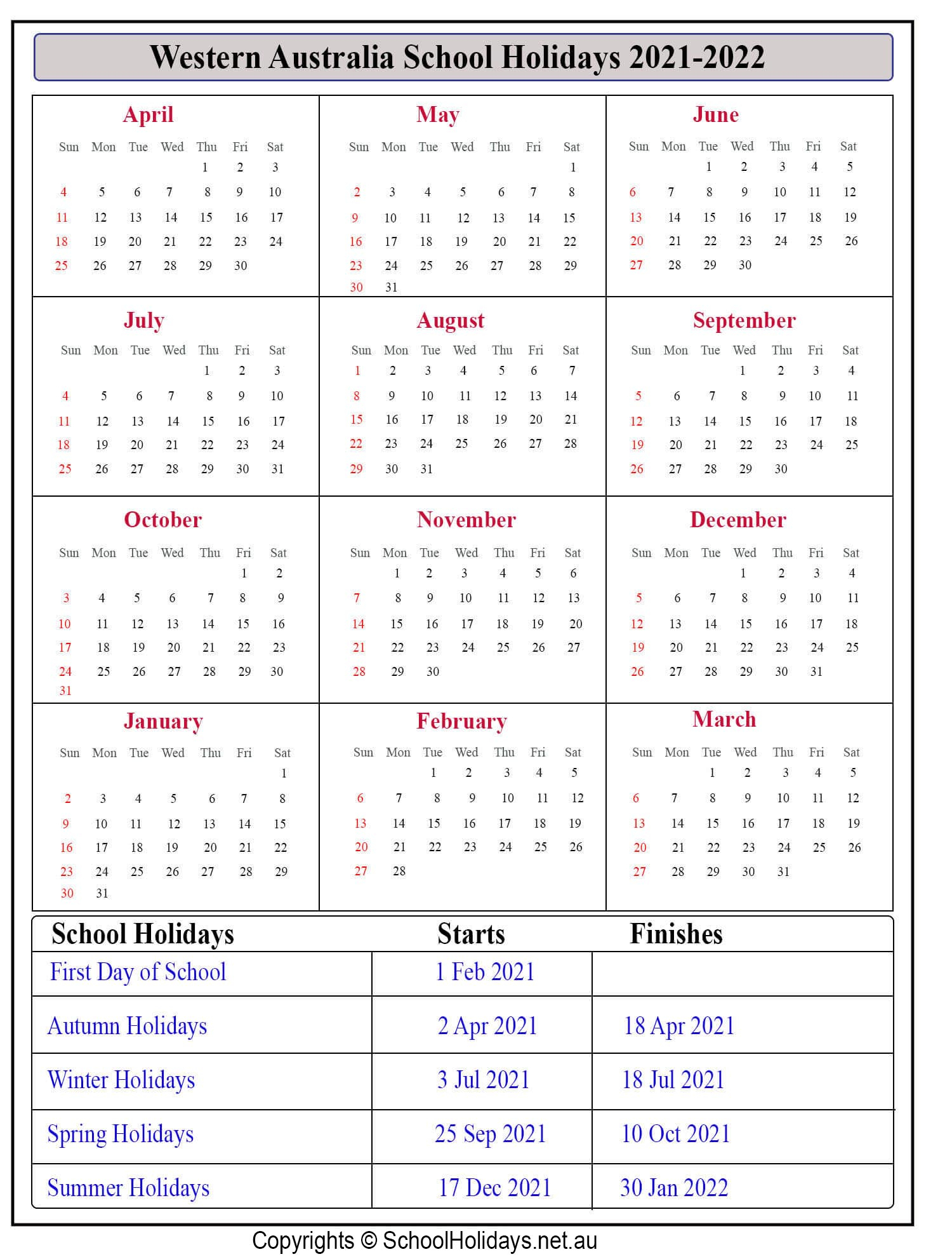 Printable 2021 Calendar Western Australia | Calendar 2021