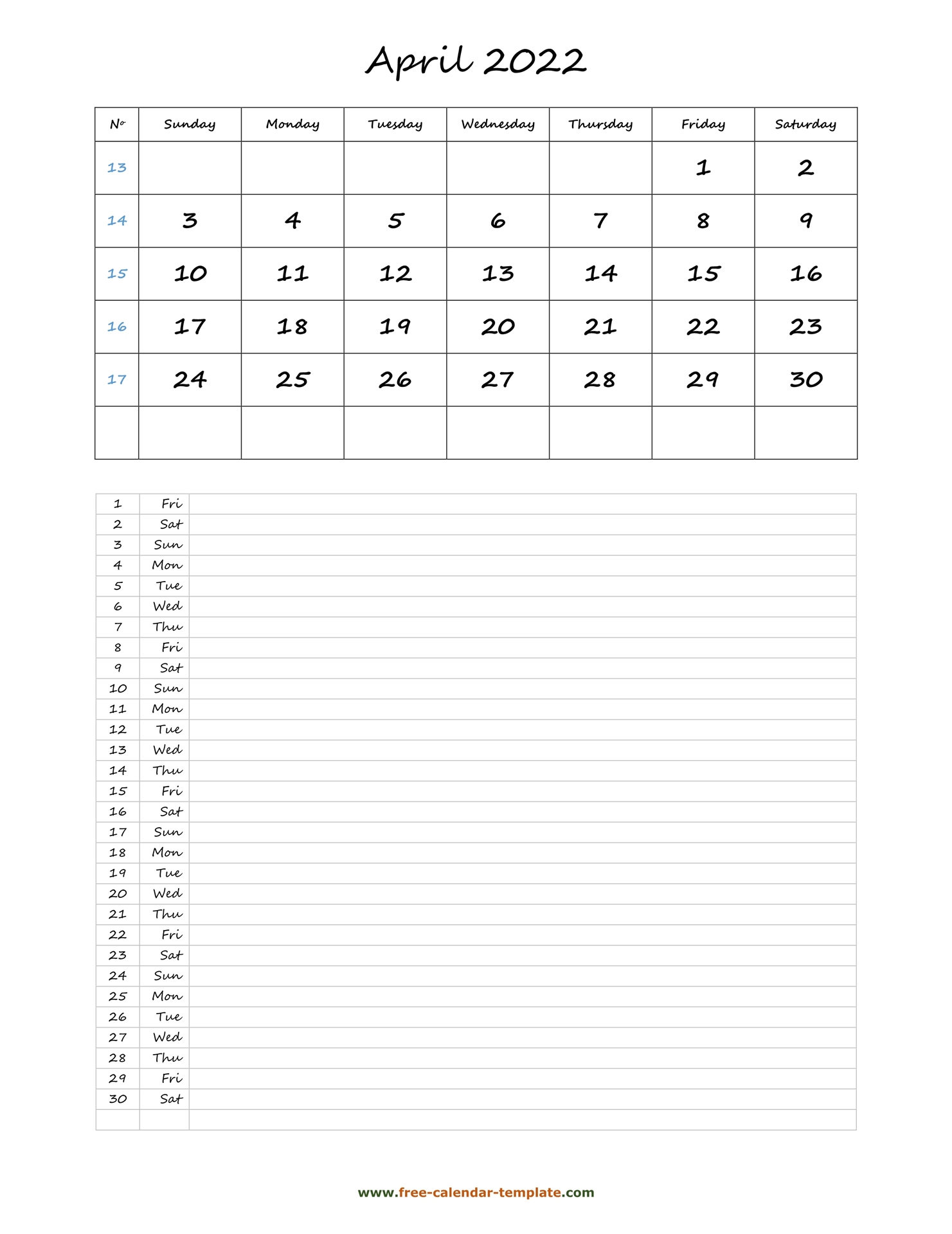 Printable 2022 April Calendar Grid Lines For Daily Notes