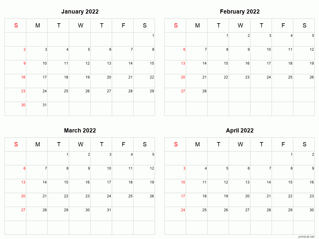 Printable 2022 Calendar - Four Months Per Page | Free