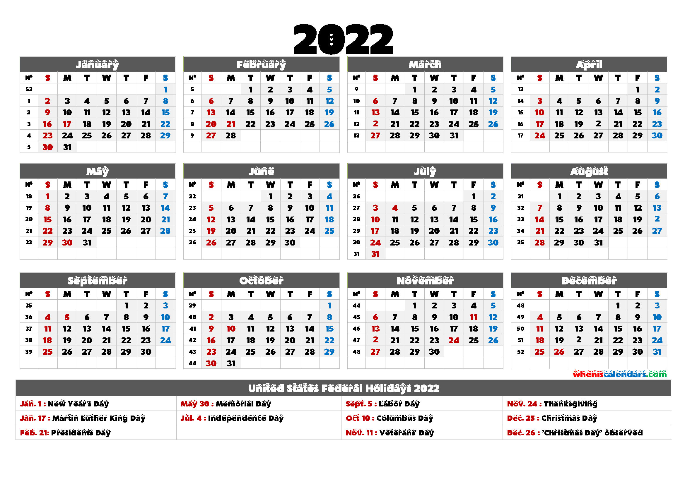 Printable 2022 Calendar One Page - 9 Templates - Free