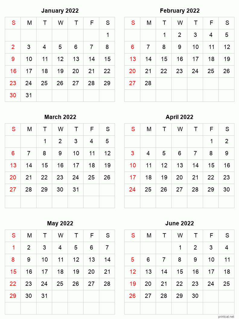 Printable 2022 Calendar - Six Months Per Page | Free