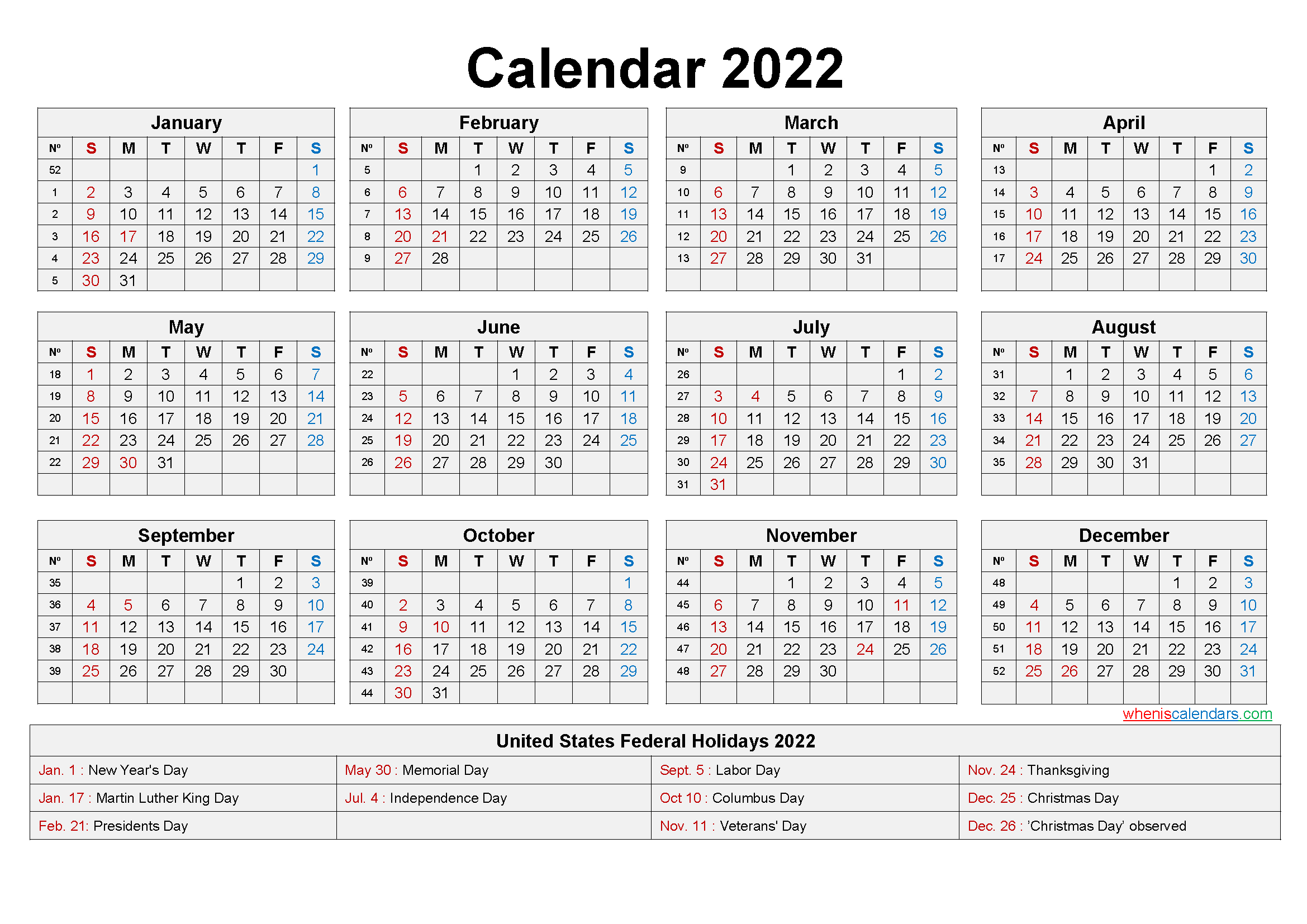 Printable 2022 Calendar With Federal Holidays | Free Letter Templates