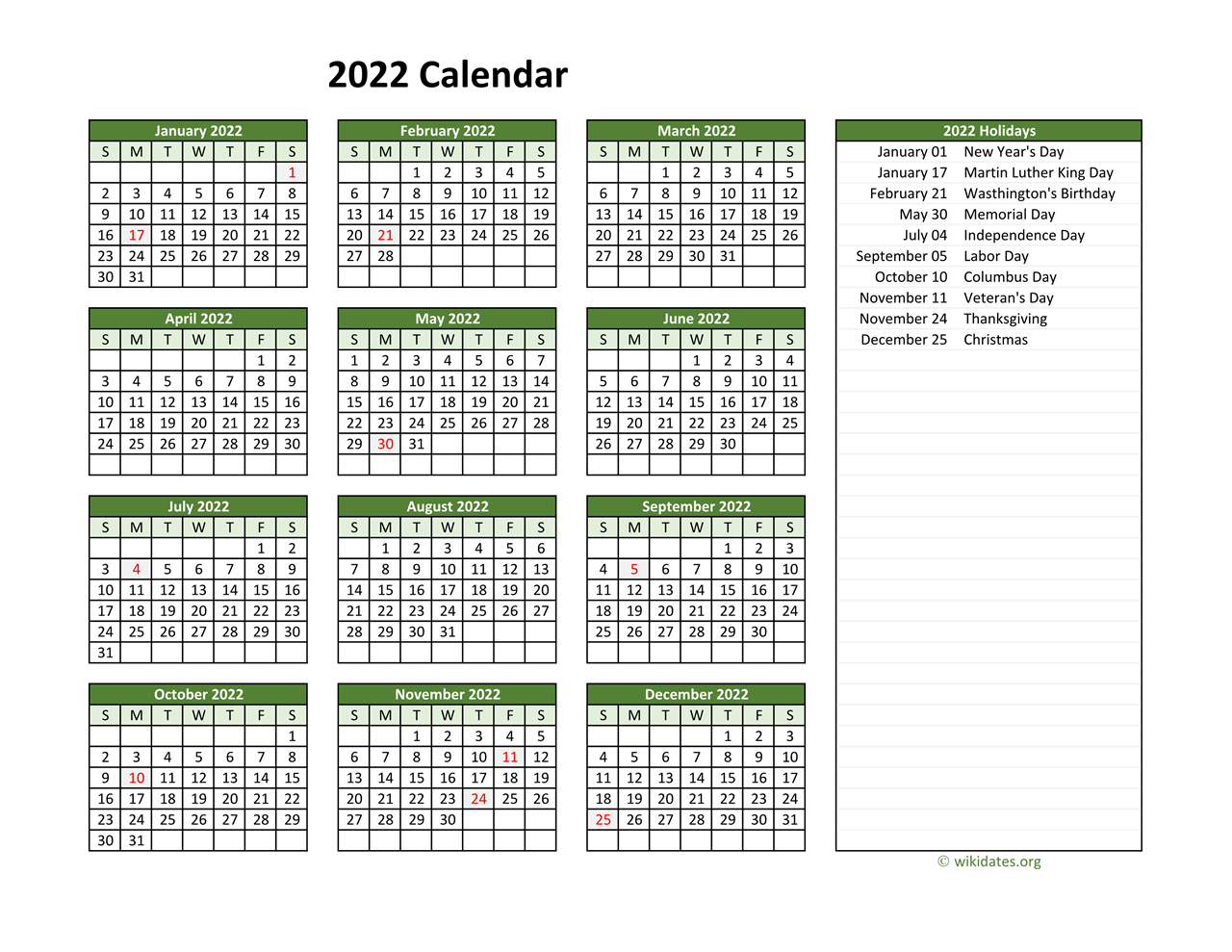 Printable 2022 Calendar With Federal Holidays | Wikidates