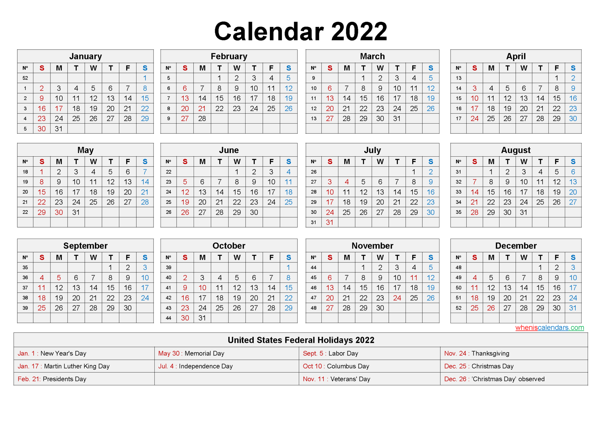 Printable 2022 Calendar With Holidays - Free Printable