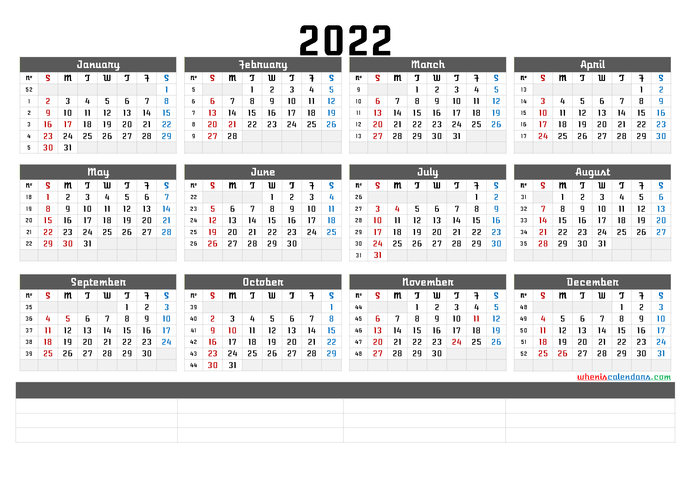 Printable 2022 Yearly Calendar With Week Numbers (6 Templates)