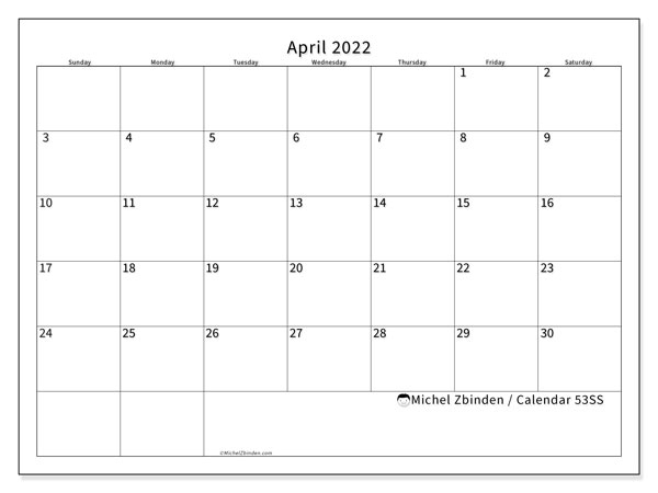 Printable April 2022 &quot;53Ss&quot; Calendar - Michel Zbinden En