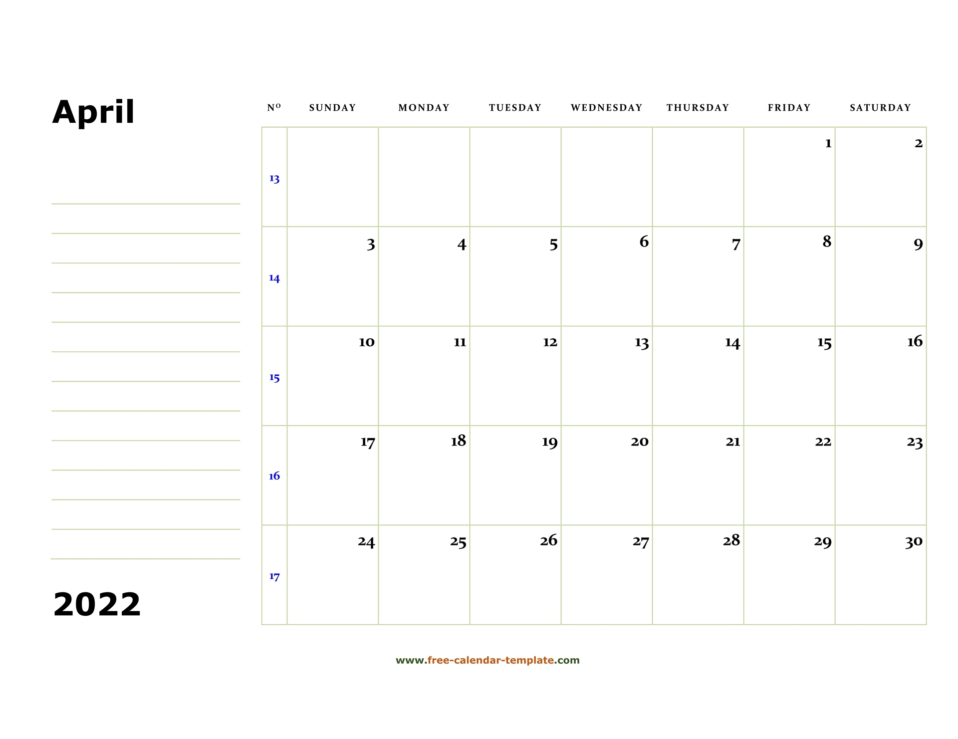 Printable April 2022 Calendar (Box And Lines For Notes