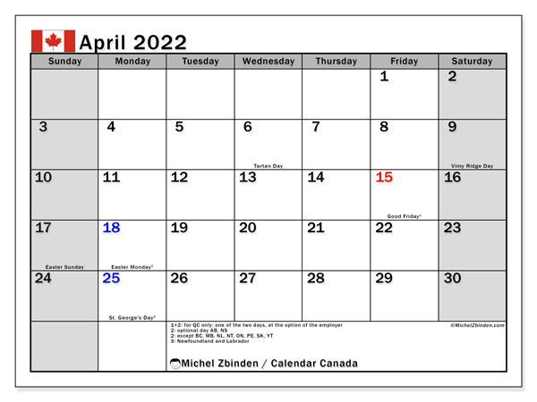 Printable April 2022 &quot;Canada&quot; Calendar - Michel Zbinden En