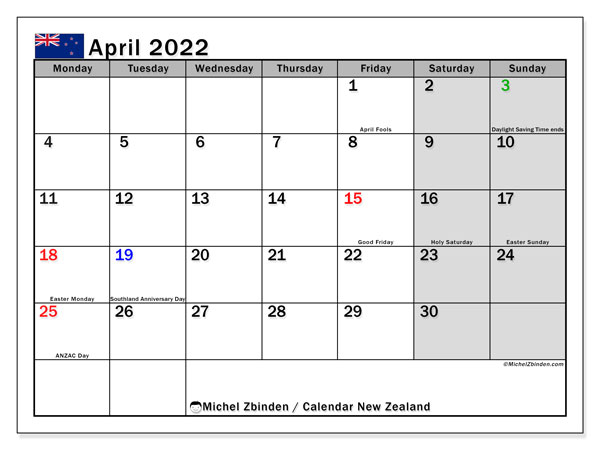 Printable April 2022 &quot;New Zealand&quot; Calendar - Michel