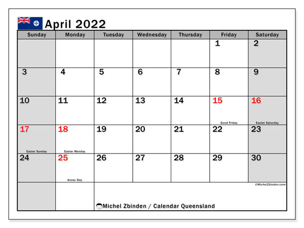 Printable April 2022 &quot;Queensland (Ss)&quot; Calendar - Michel