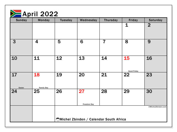 Printable April 2022 &quot;South Africa (Ss)&quot; Calendar - Michel