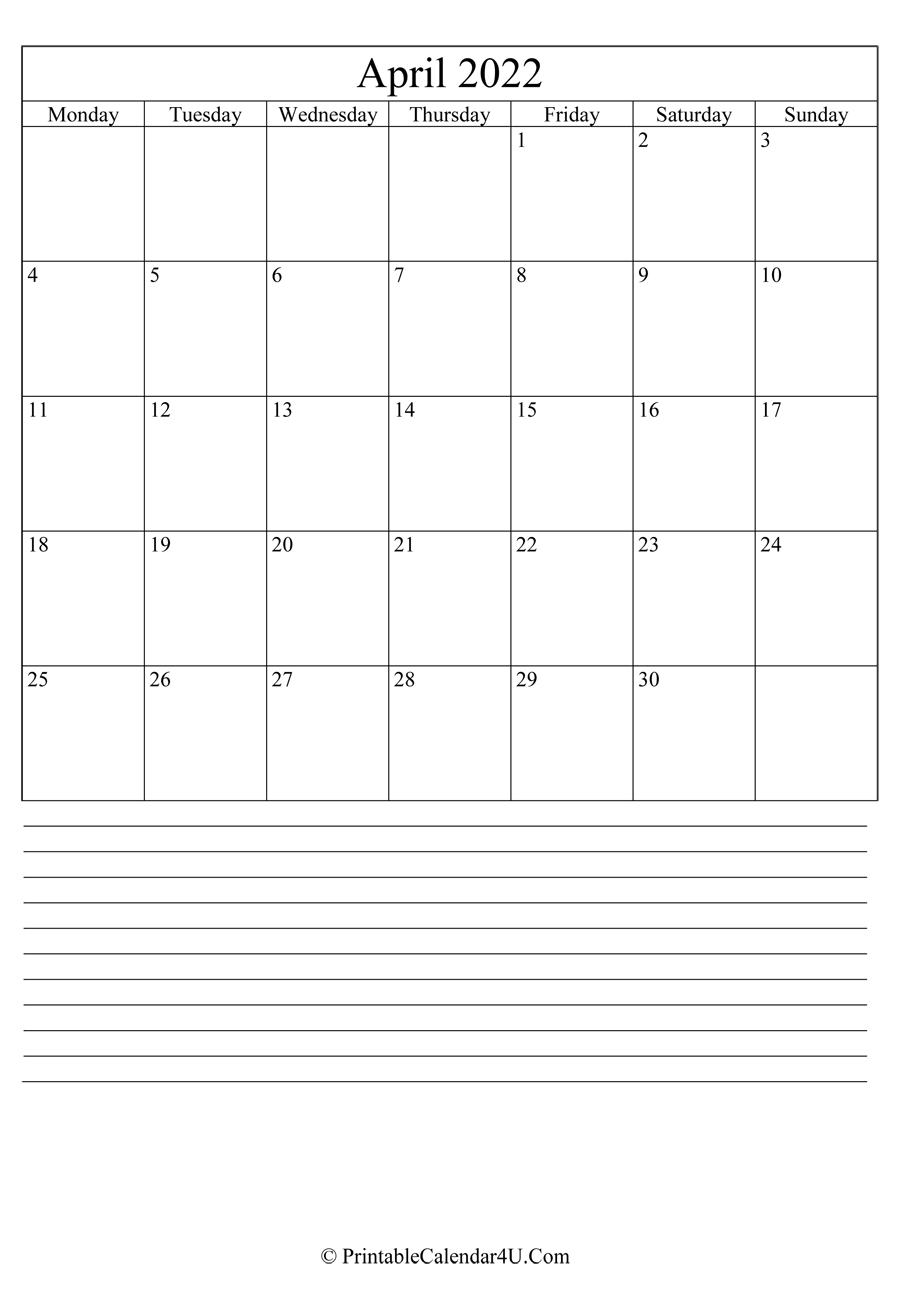 Printable April Calendar 2022 With Notes (Portrait)