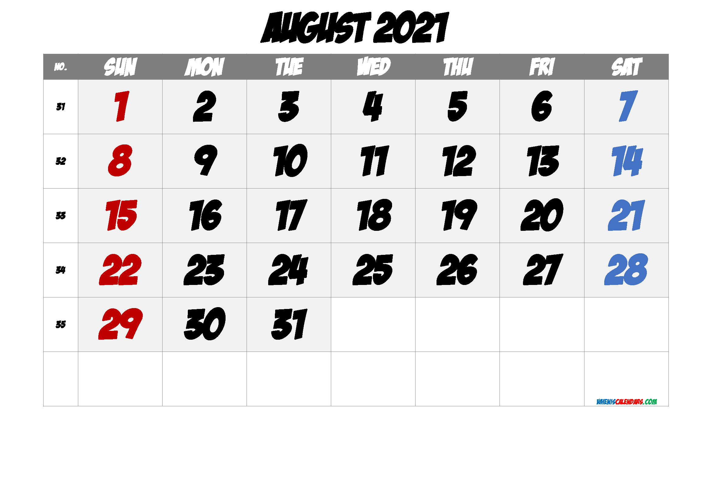 Printable August 2021 Calendar - 6 Templates