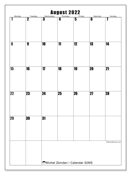 Printable August 2022 &quot;52Ms&quot; Calendar - Michel Zbinden En