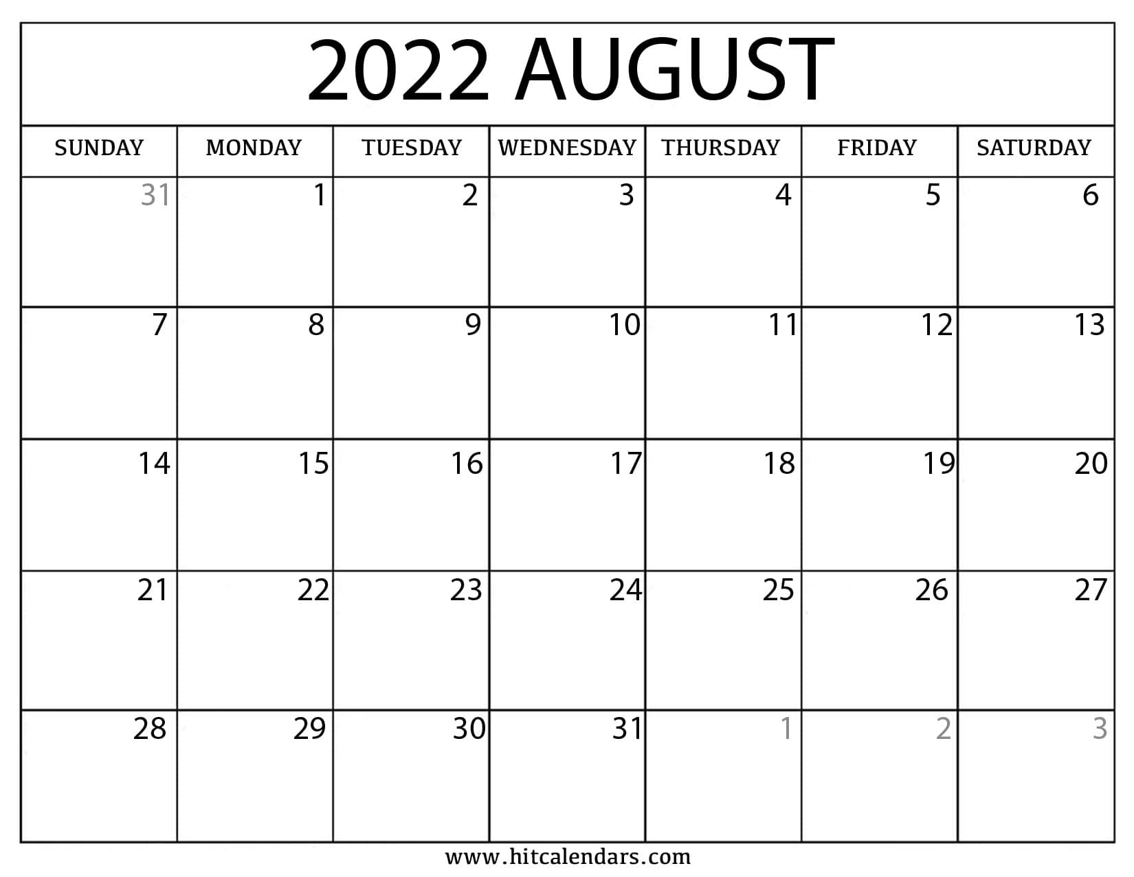 Printable August 2022 Calendar - Calendar Printable 2022