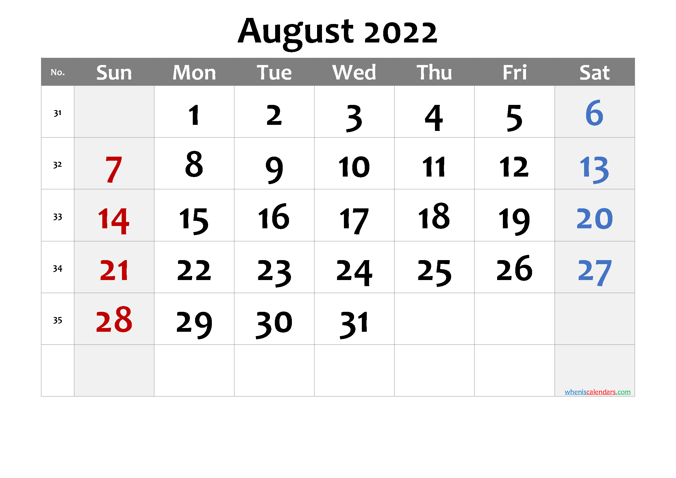 Printable August 2022 Calendar With Holidays - 6 Templates