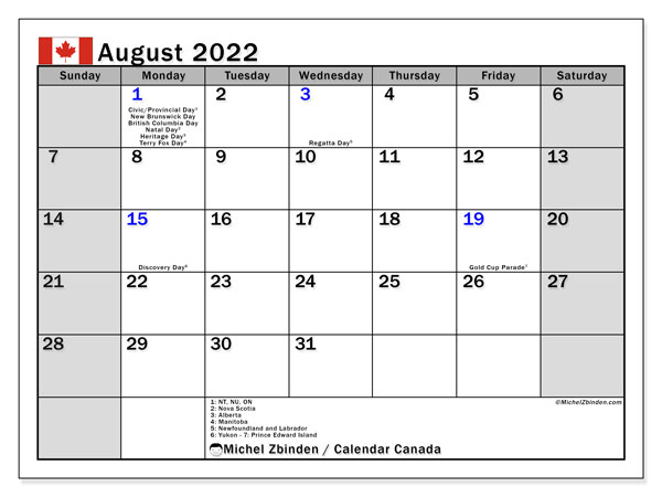 Printable August 2022 &quot;Canada&quot; Calendar - Michel Zbinden En