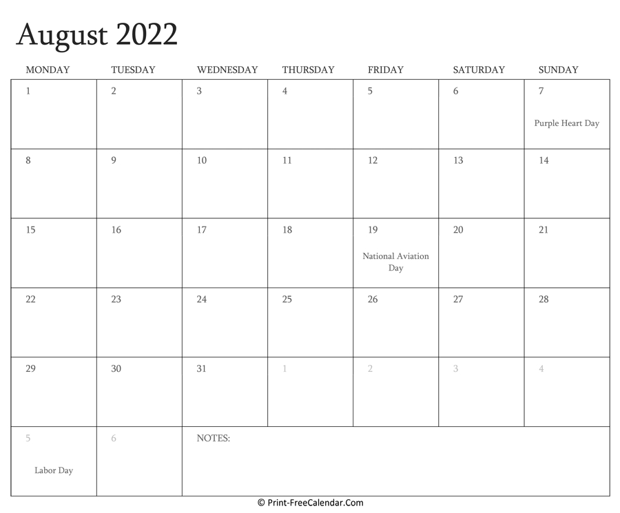 Printable August Calendar 2022 With Holidays