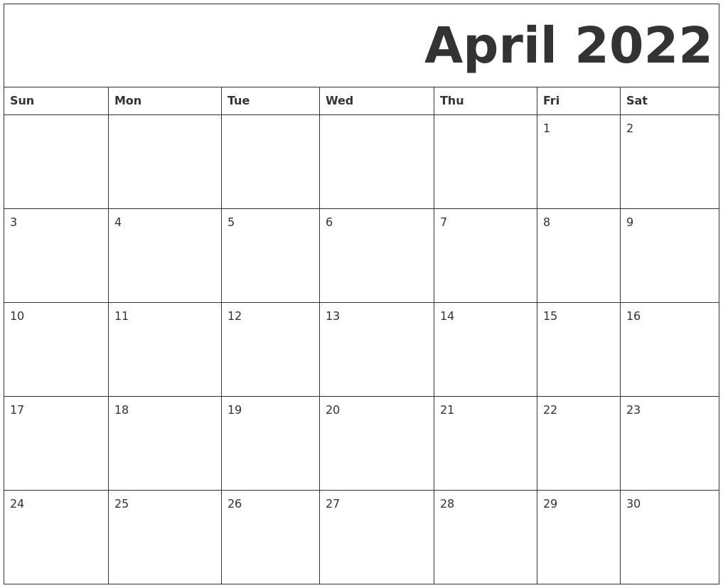Printable Black April 2022 Calendar - Calendar 2022