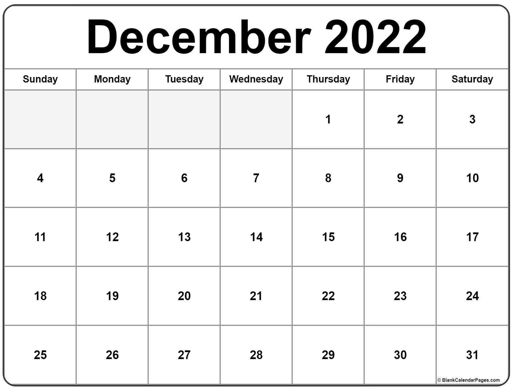 Printable Blank December 2022 Calendar - 2022 Calendars