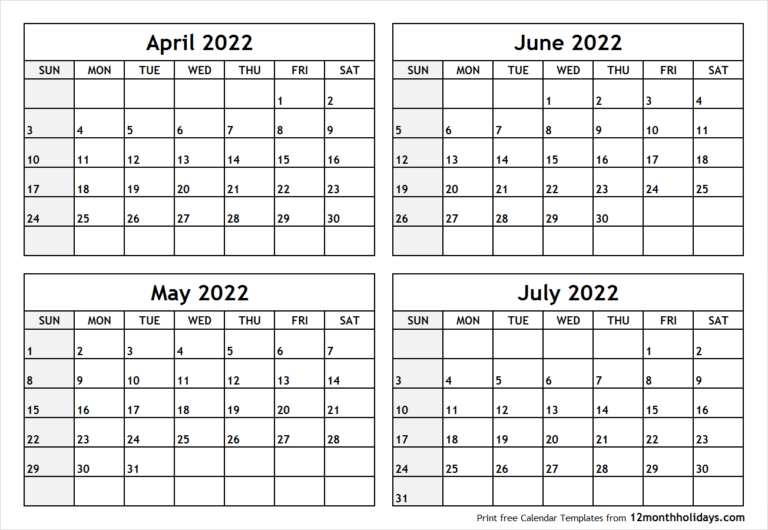 Printable Blank Four Month April May June July 2022