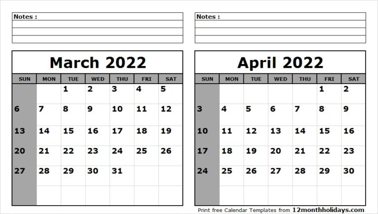 Printable Blank Two Month Calendar March April 2022 Template