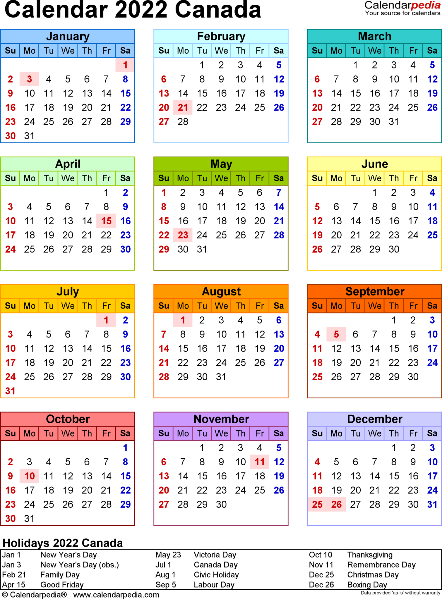 Printable Calendar 2022 Canada - Print A Calendars