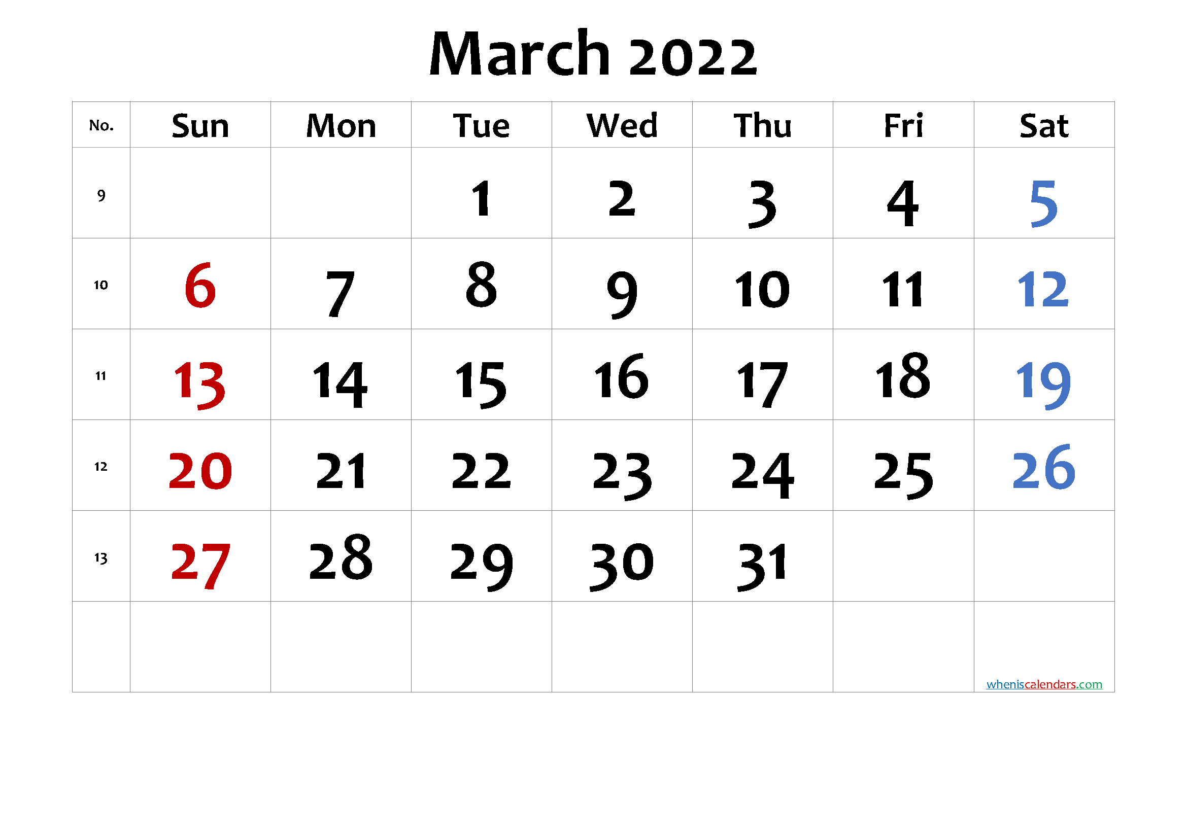 Printable Calendar 2022 March