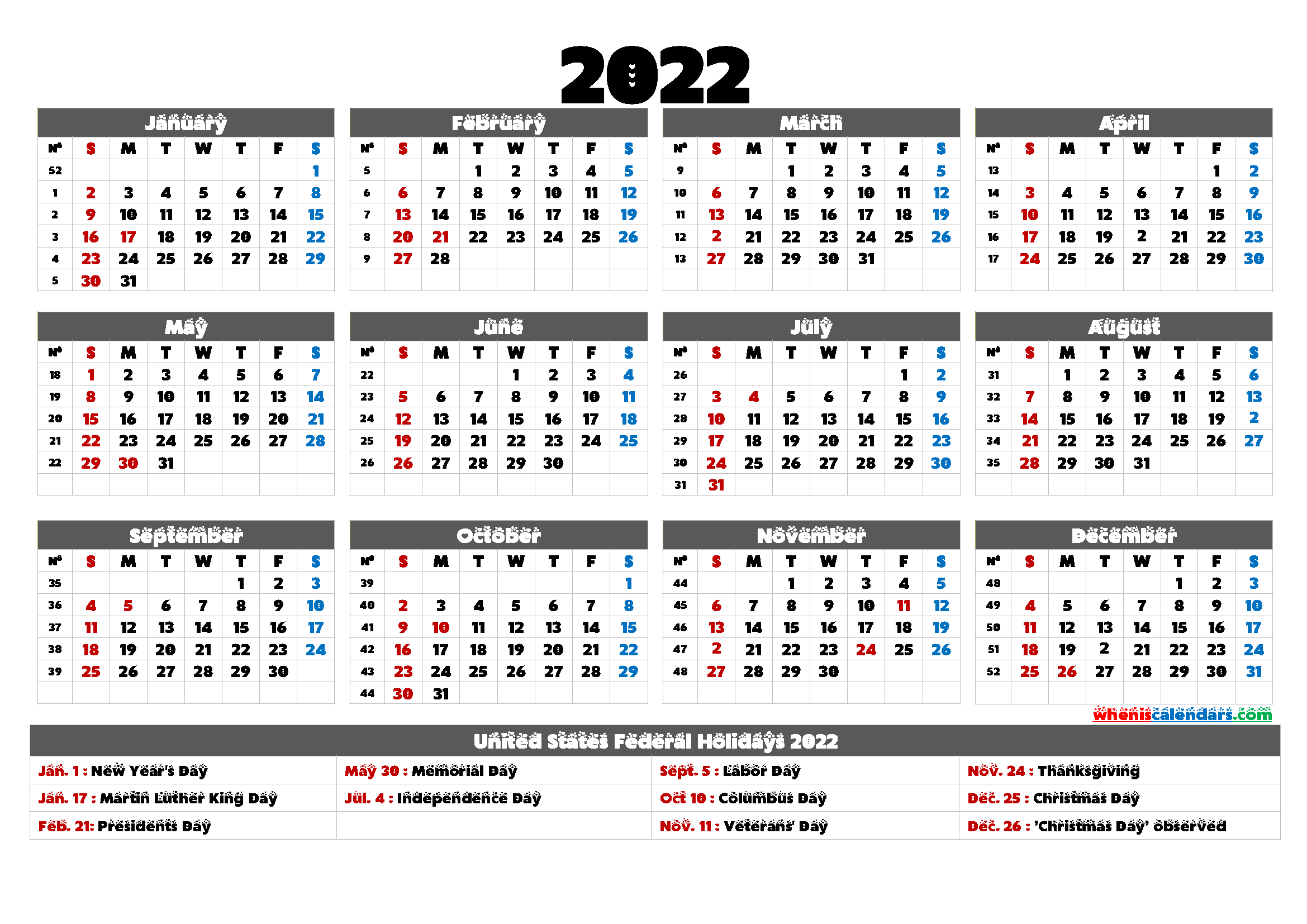 Printable Calendar 2022 With Holidays - 9 Templates