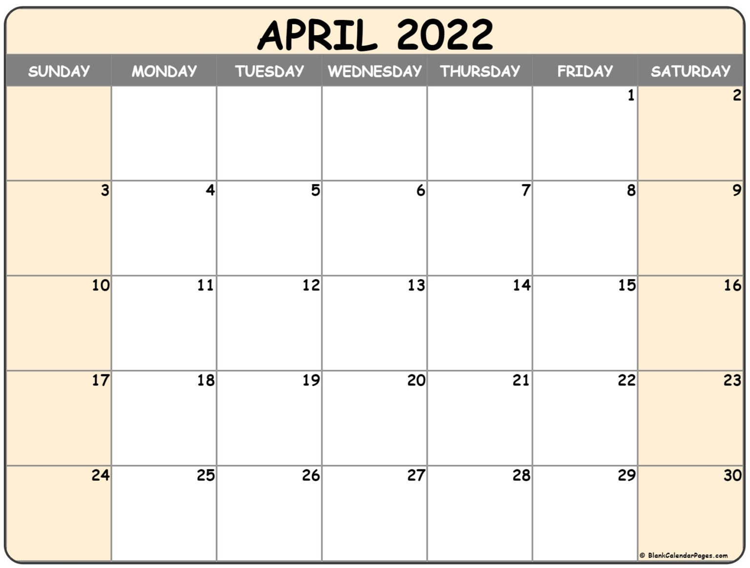 Printable Calendar April 2022 - Monthly Calendars Printable