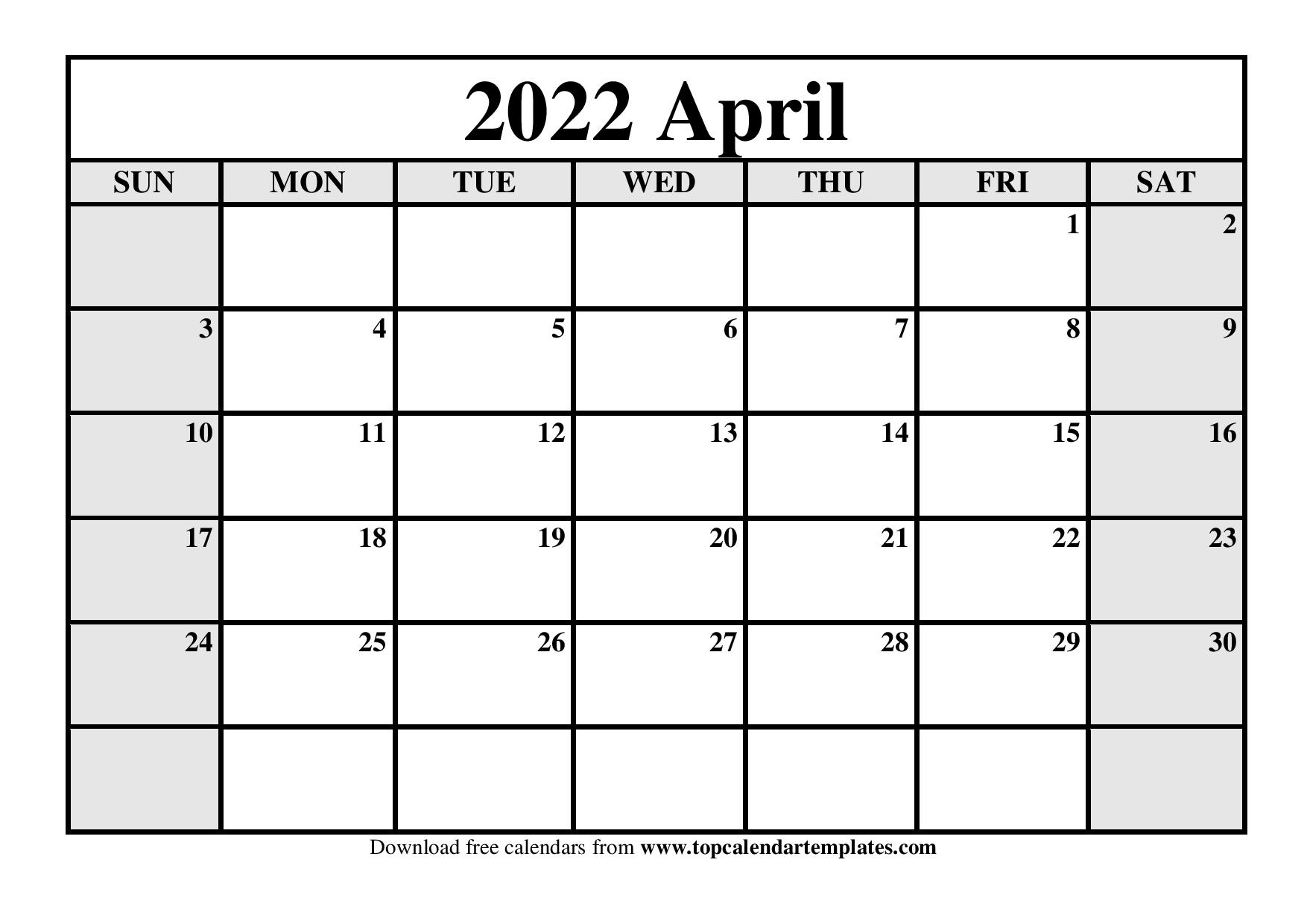 Printable Calendar April 2022 - Monthly Templates