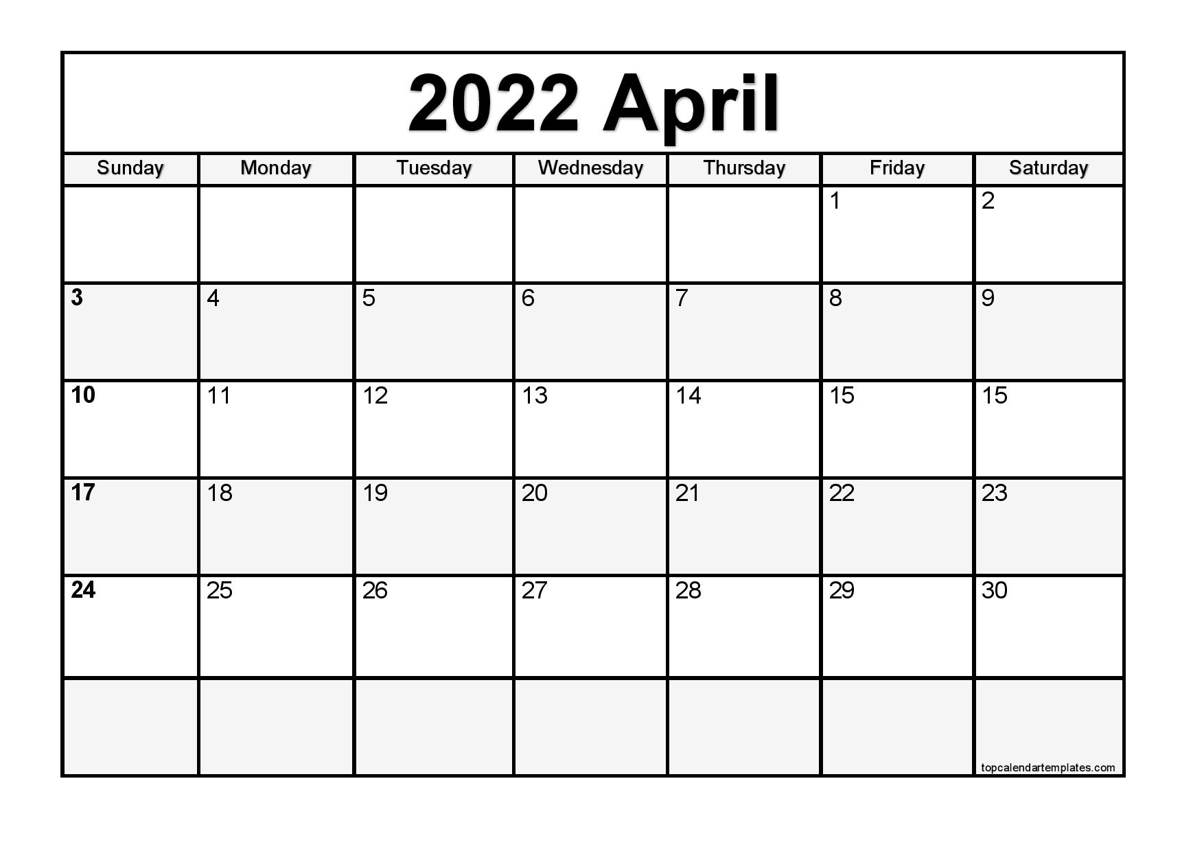 Printable Calendar April 2022 - Monthly Templates