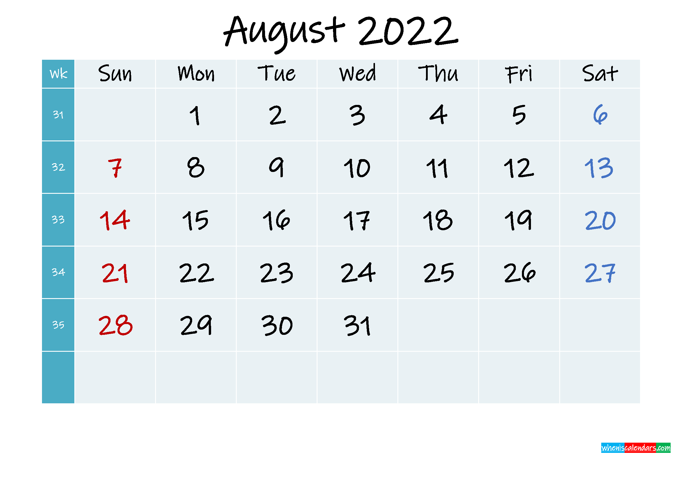 Printable Calendar August 2022 - Template Noink22M320