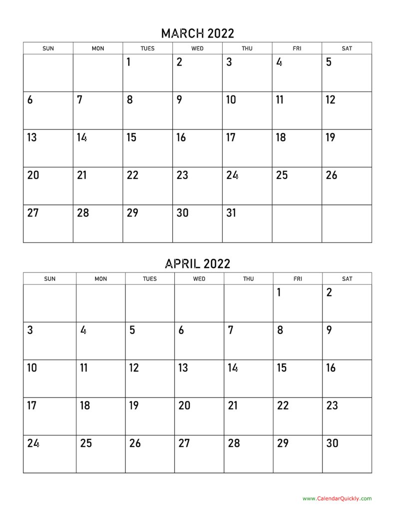 Printable Calendar For March And April 2022 - Print A