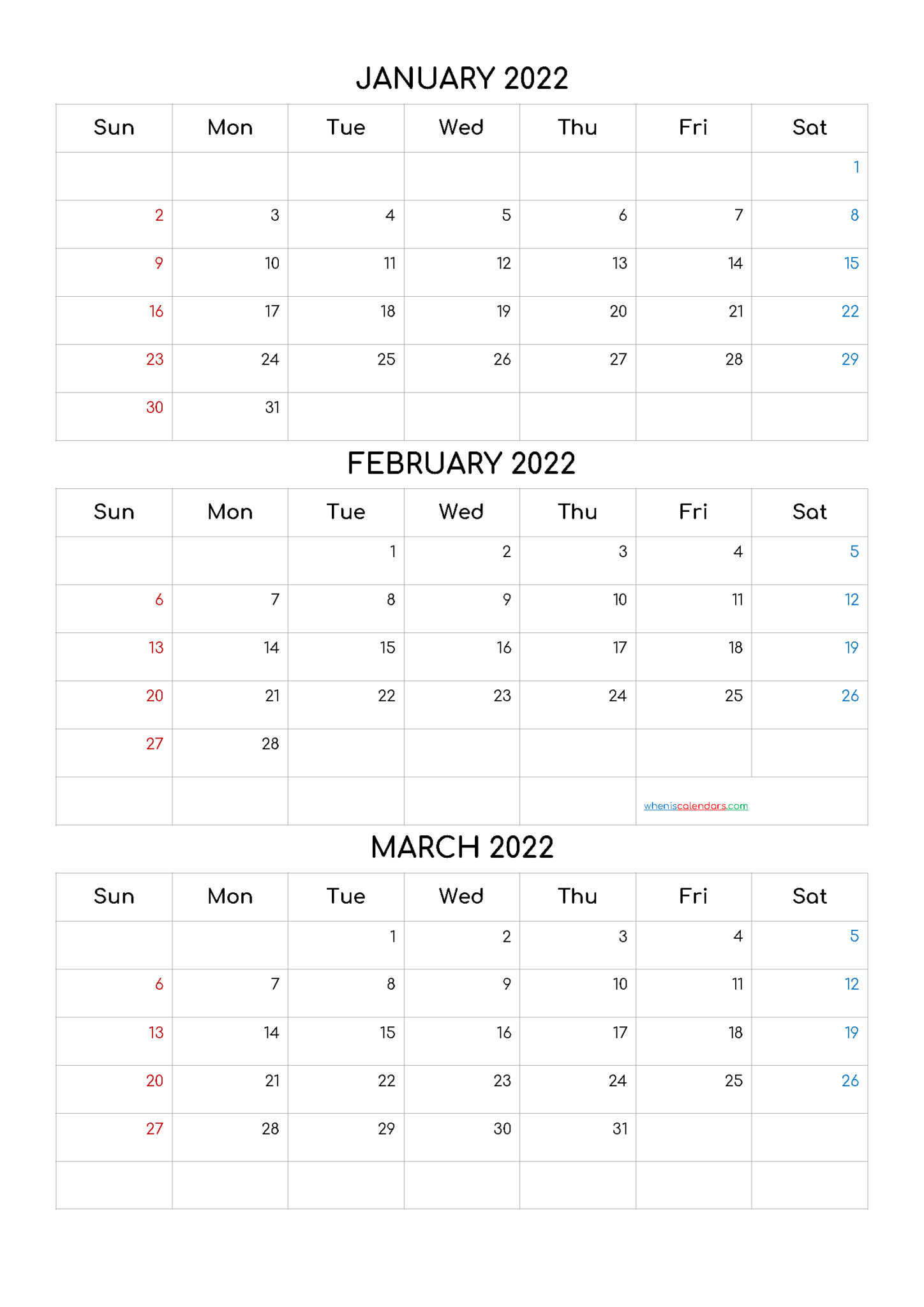 Printable Calendar January 2022 February 2022 March 2022