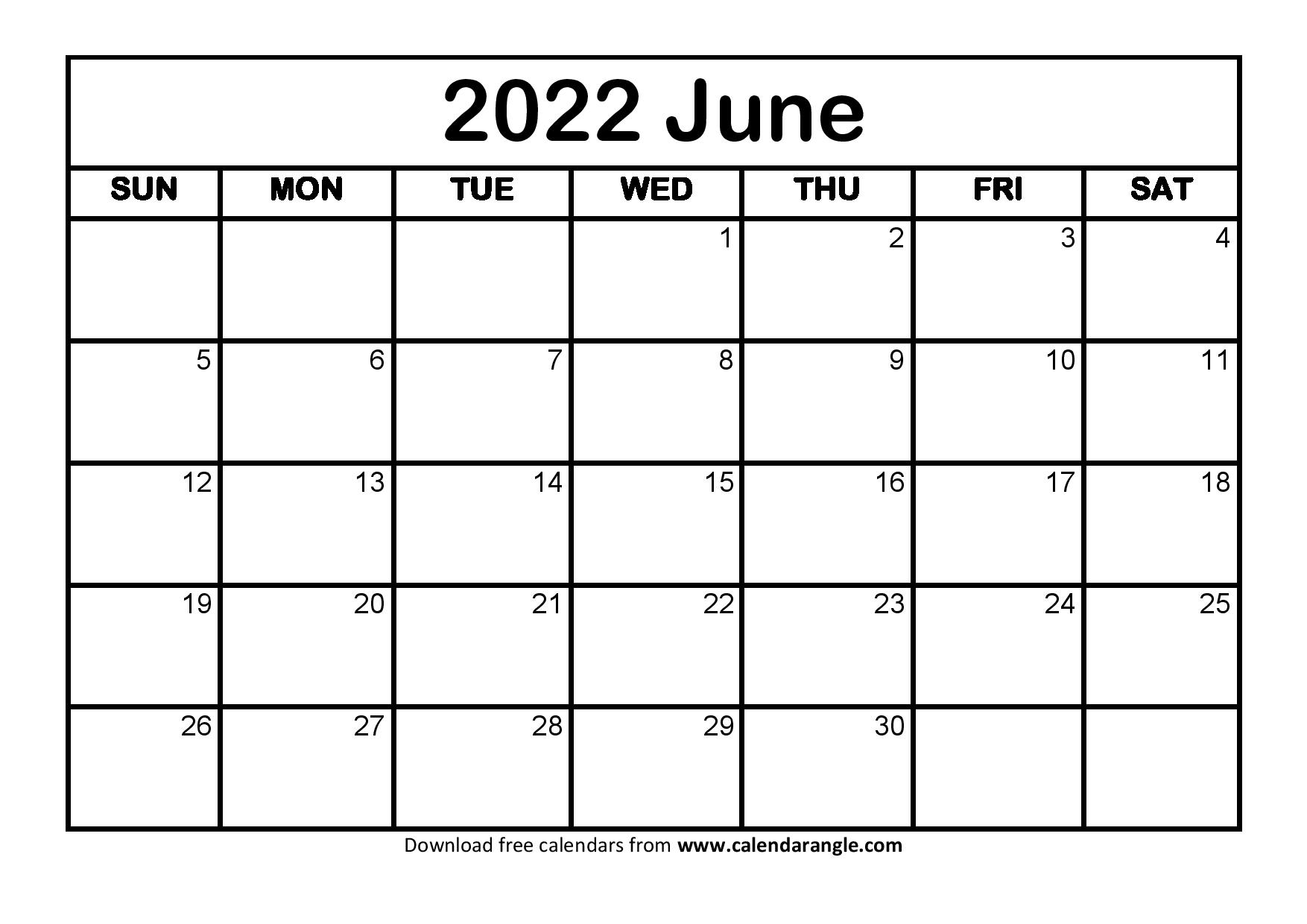 Printable Calendar June 2022 - Monthly Templates