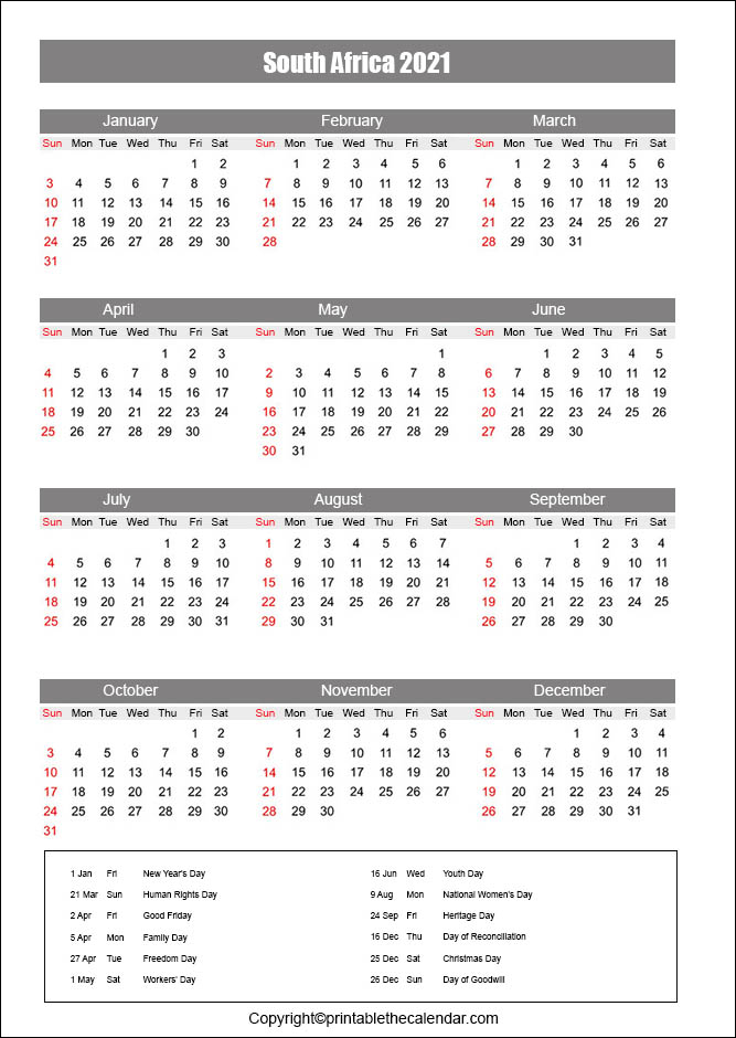 Printable Calendar Year Planner 2021 South Africa