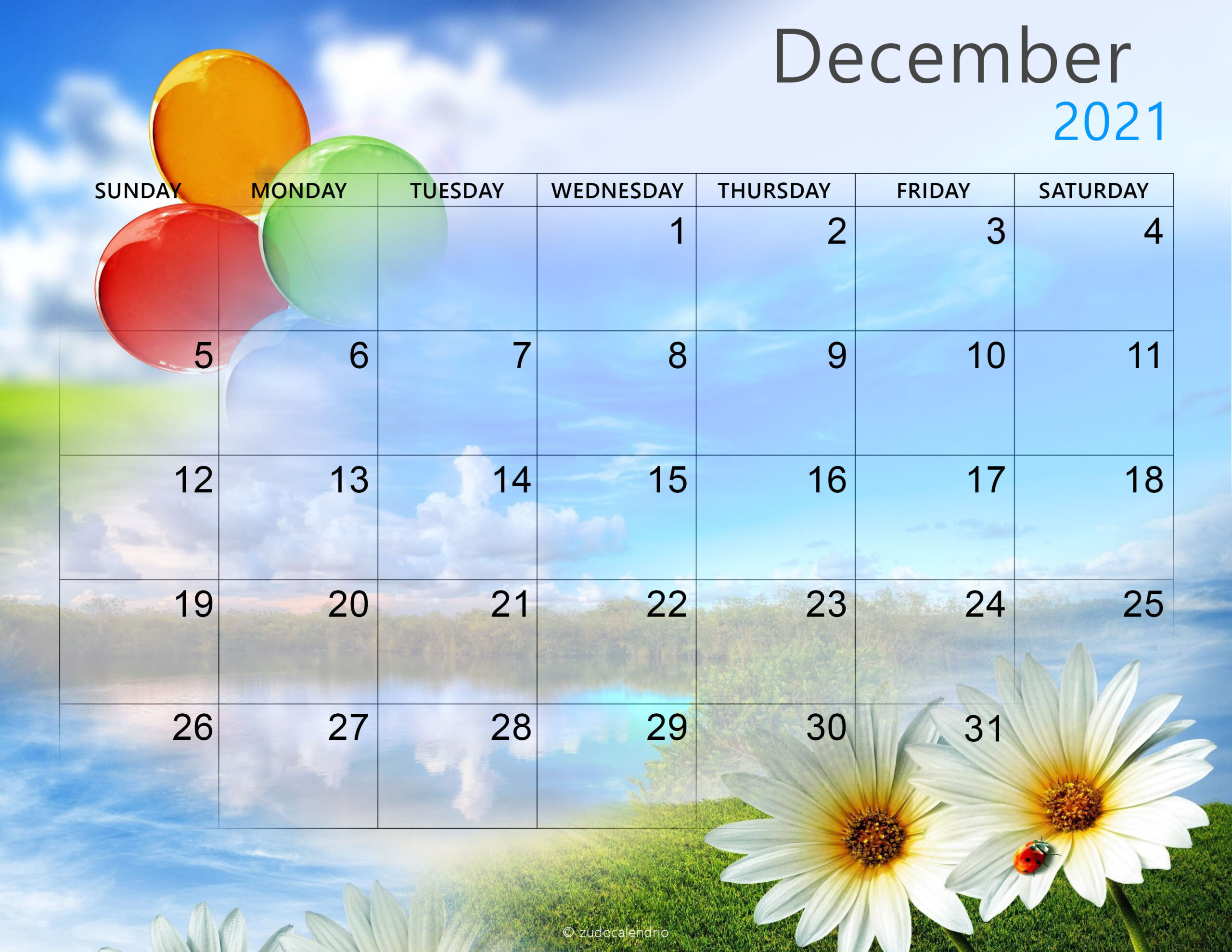 Printable Cute December 2021 Calendar | Zudocalendrio