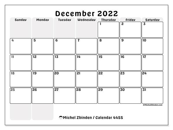 Printable December 2022 &quot;44Ss&quot; Calendar - Michel Zbinden En