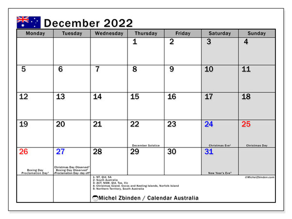 Printable December 2022 &quot;Australia&quot; Calendar - Michel
