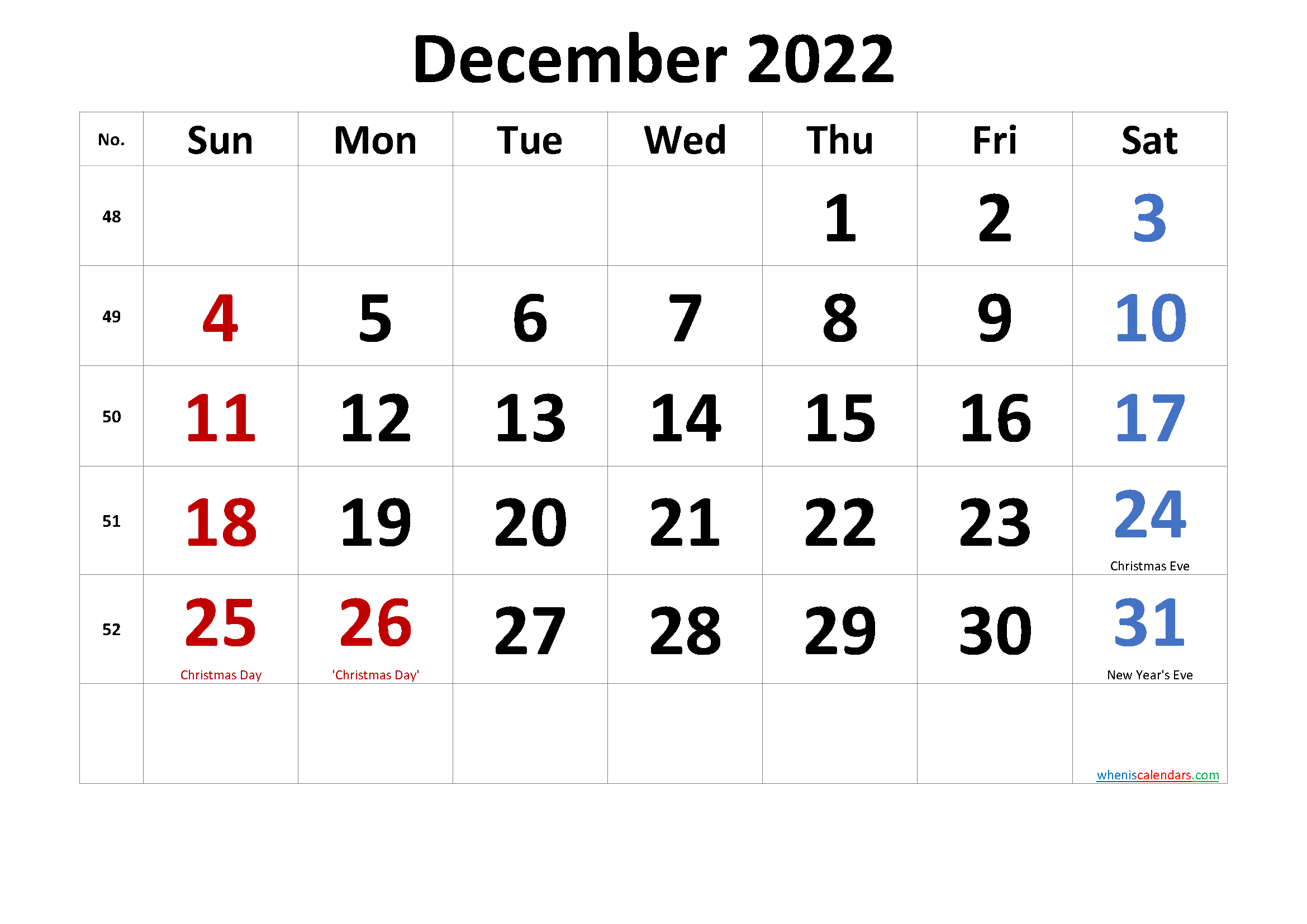 Printable December 2022 Calendar With Holidays