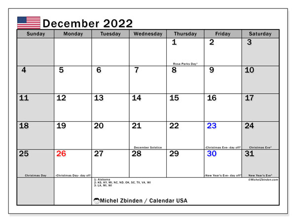 Printable December 2022 &quot;Usa&quot; Calendar - Michel Zbinden En